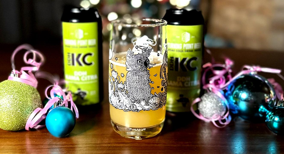 Glass of Turning Point Beer's Kama Citra posed on a table.