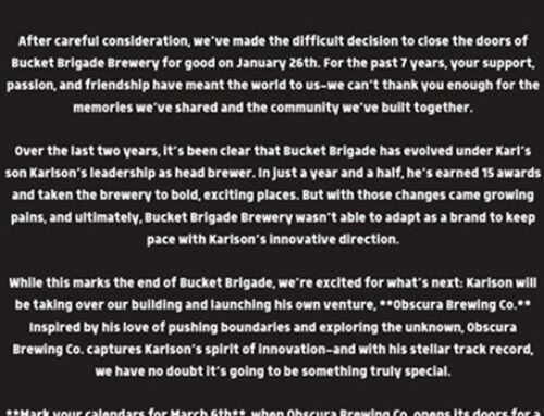 Bucket Brigade Brewery Has Closed